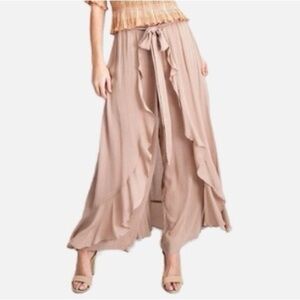 Easel  Tan Wide Leg Crinkle Pants With Wrap Skirt Overlay Womens size Small